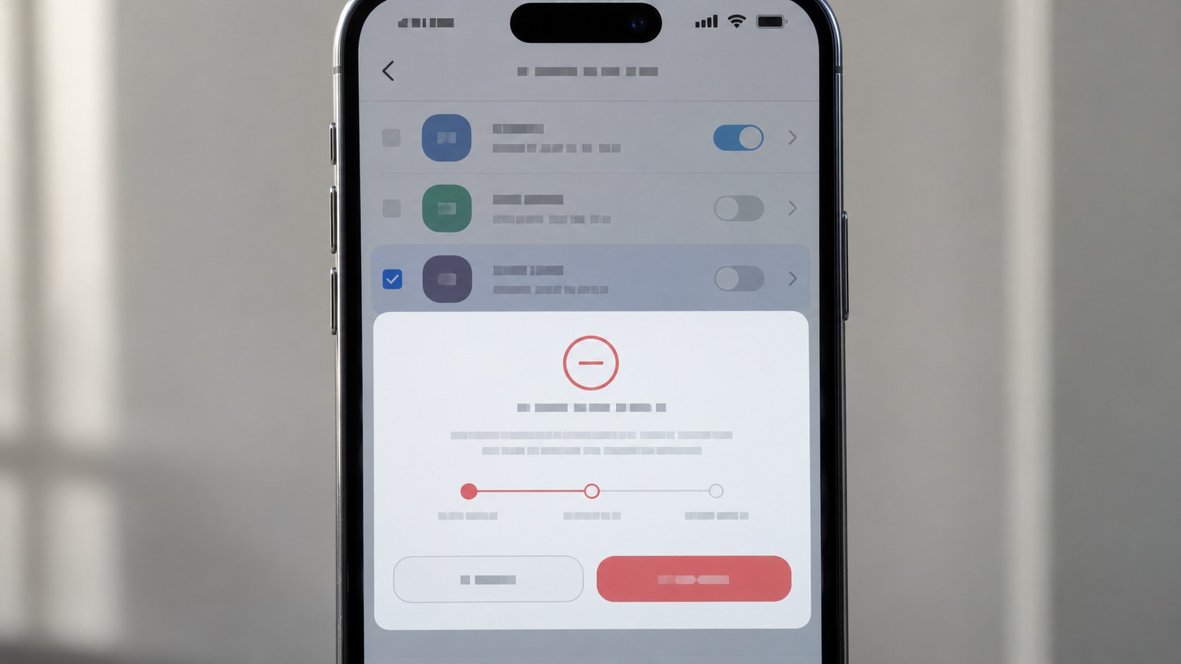 Close frontal view of an unbranded phone showing a pending permission-revocation confirmation with obscured fields and neutral reflections.
