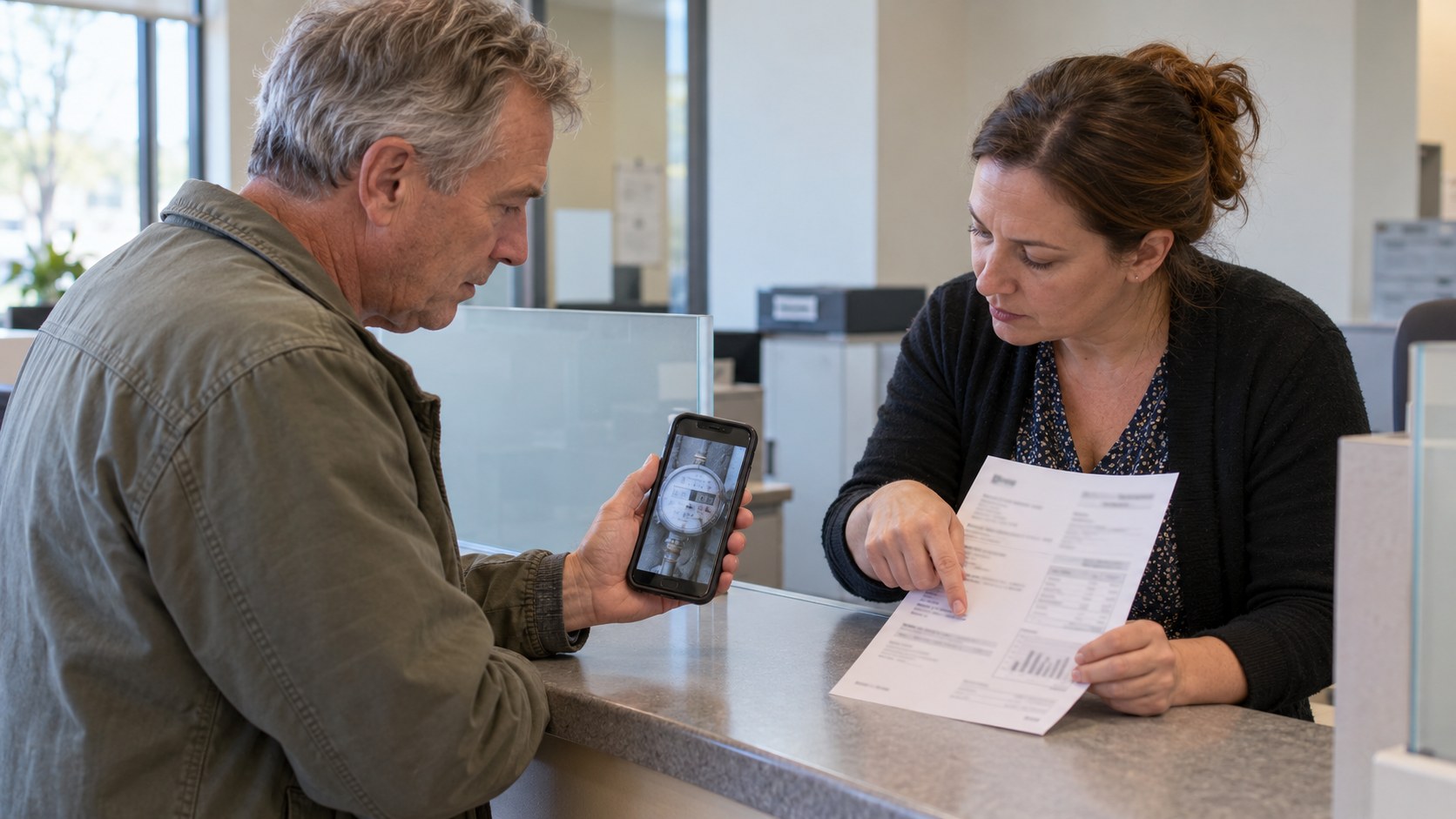 A customer shows a phone photo of a utility meter while an adviser points to details on a printed bill across a public service counter.