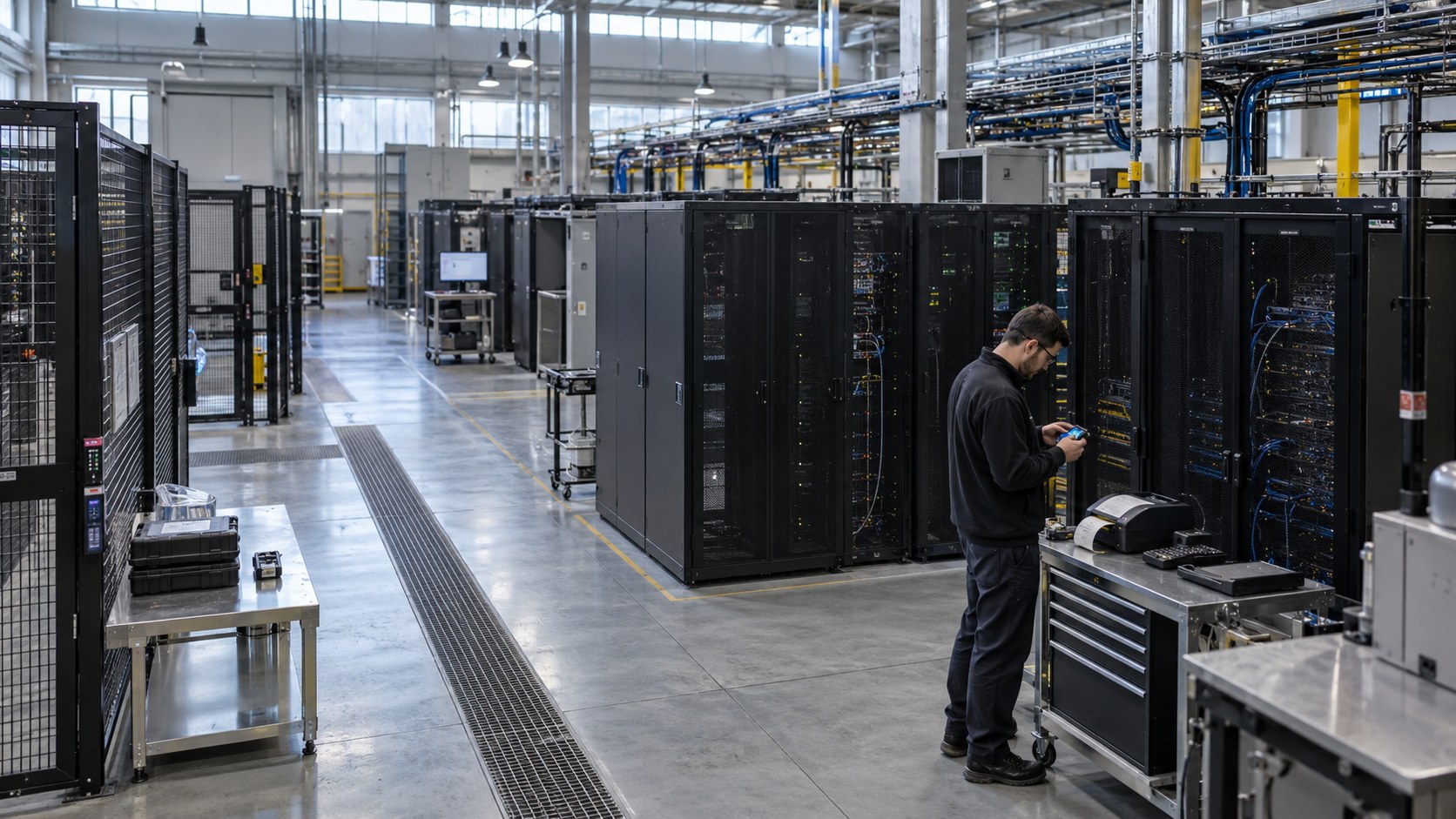 Wide secure operations floor with server cabinets and a lone specialist validating a hardware-wallet transaction beside a compact printer.