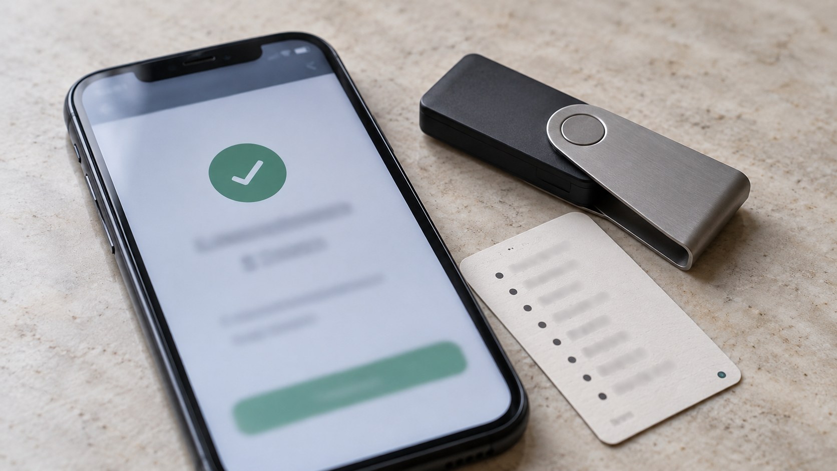 Close-up of a phone showing a blurred transaction confirmation beside a hardware wallet and reference card on a.