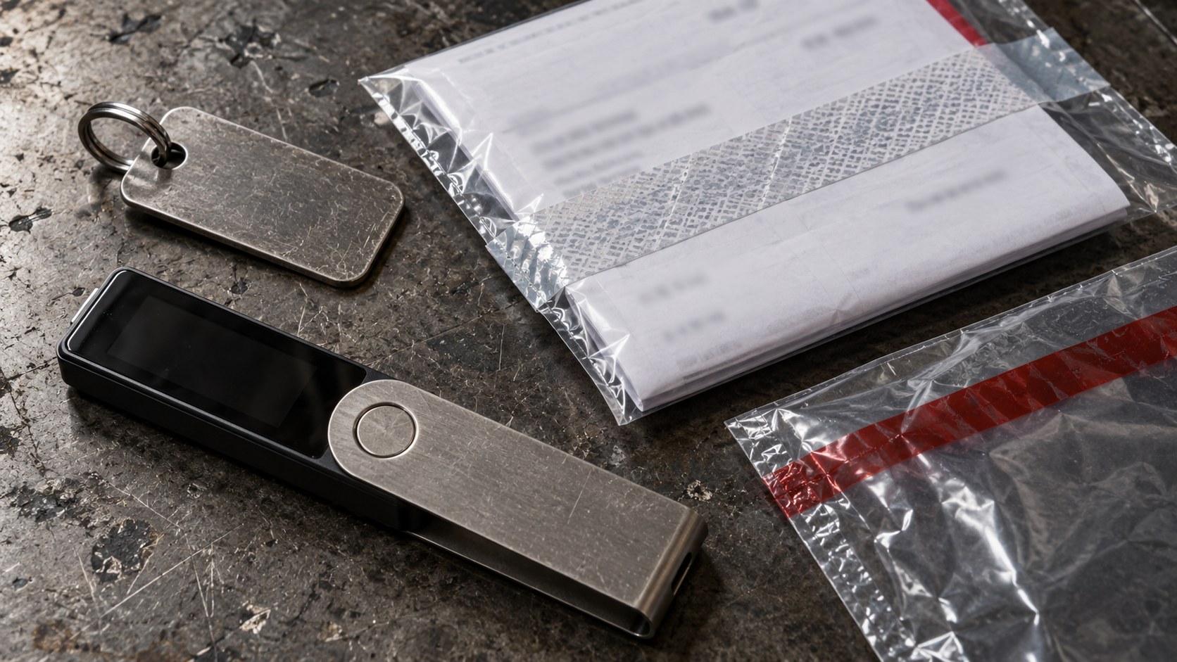Unbranded hardware wallet, sealed checklist, worn metal key tag, and tamper-evident audit pouch arranged on a.