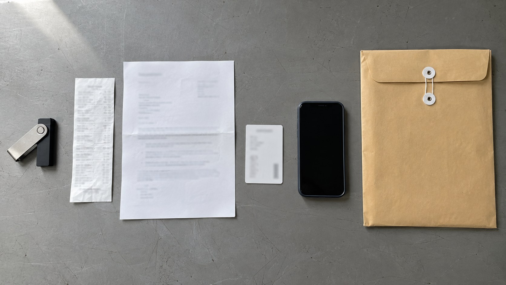 Overhead view of a hardware wallet, blurred receipt and notice, reference card, secure phone, and sealed folder arranged on a gray review surface.