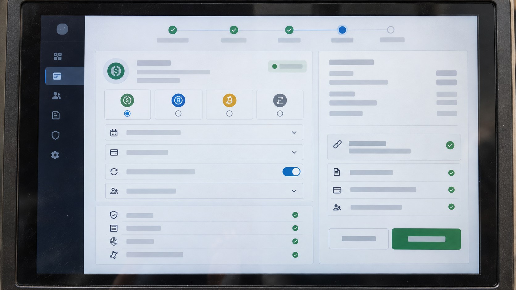 Close frontal view of a secure terminal displaying an unbranded payment enablement review screen with approval controls and soft reflections.