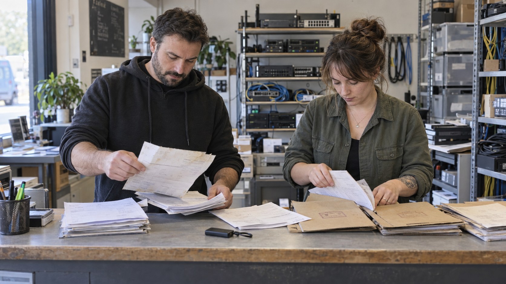 Two hosting provider colleagues sort worn invoice records and stamped folders beside a hardware wallet at a service.