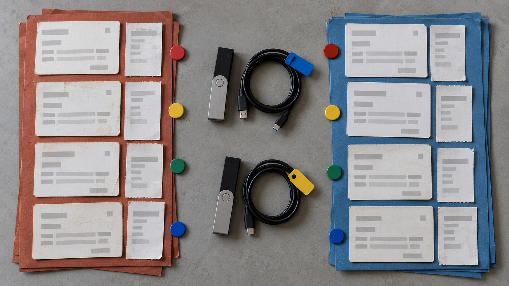 Overhead view of paired billing records, transaction slips, two hardware wallets.