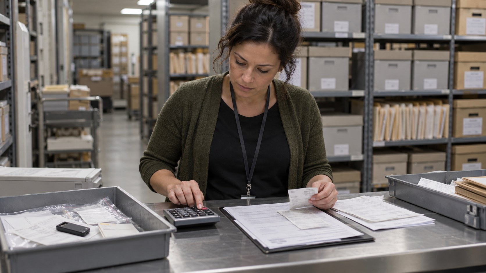 Finance specialist uses a calculator while sorting incident forms, transaction receipts and a hardware wallet into evidence trays in an archive room.