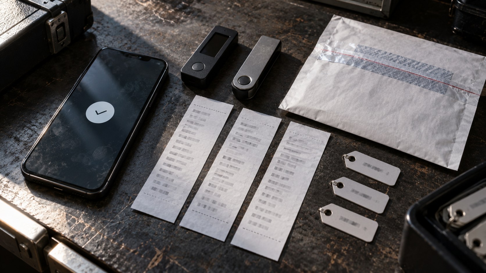 Hardware wallets, a phone confirmation symbol, transaction-reference strips.