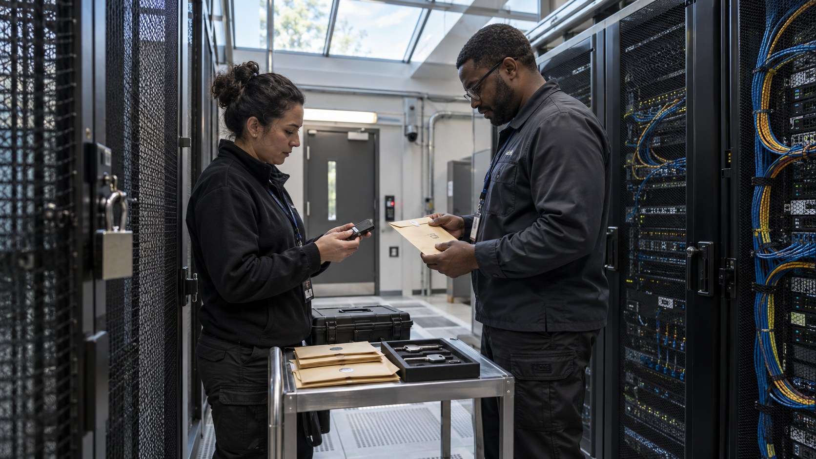 Two standing technicians verify a hardware wallet and sealed control envelopes beside a key tray and locked server.