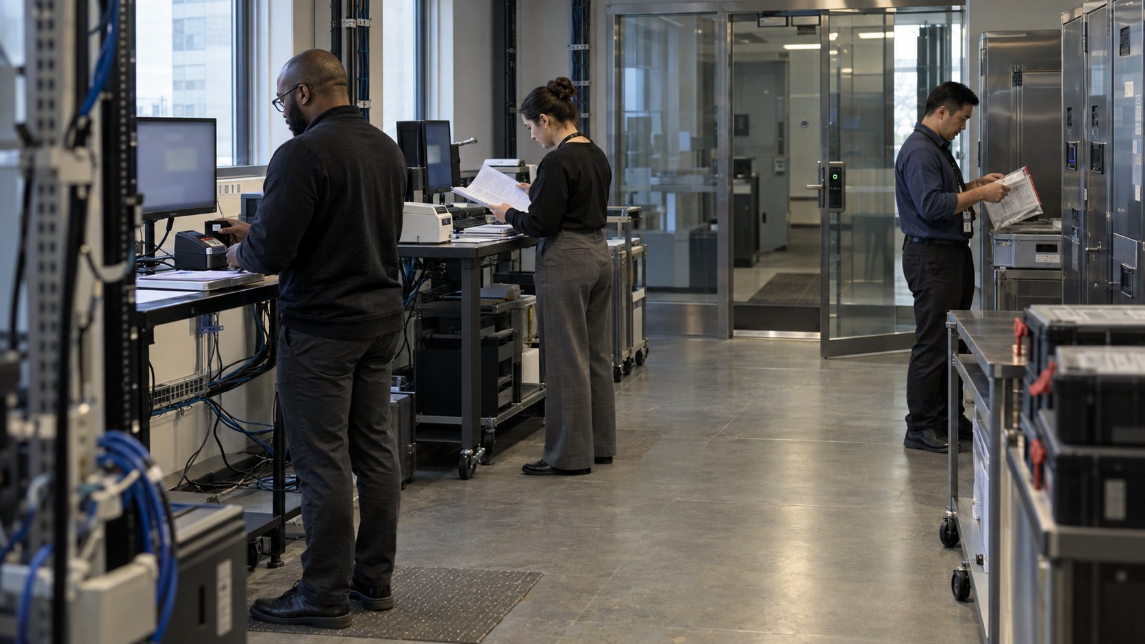 Three operations staff test a treasury conversion procedure at separate standing stations inside a secure room with cables, access controls, and metal storage.