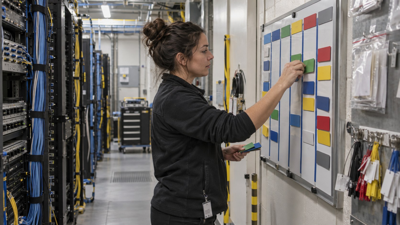 Side-view of an operations lead moving colored cutover cards across a magnetic validation board in a network.