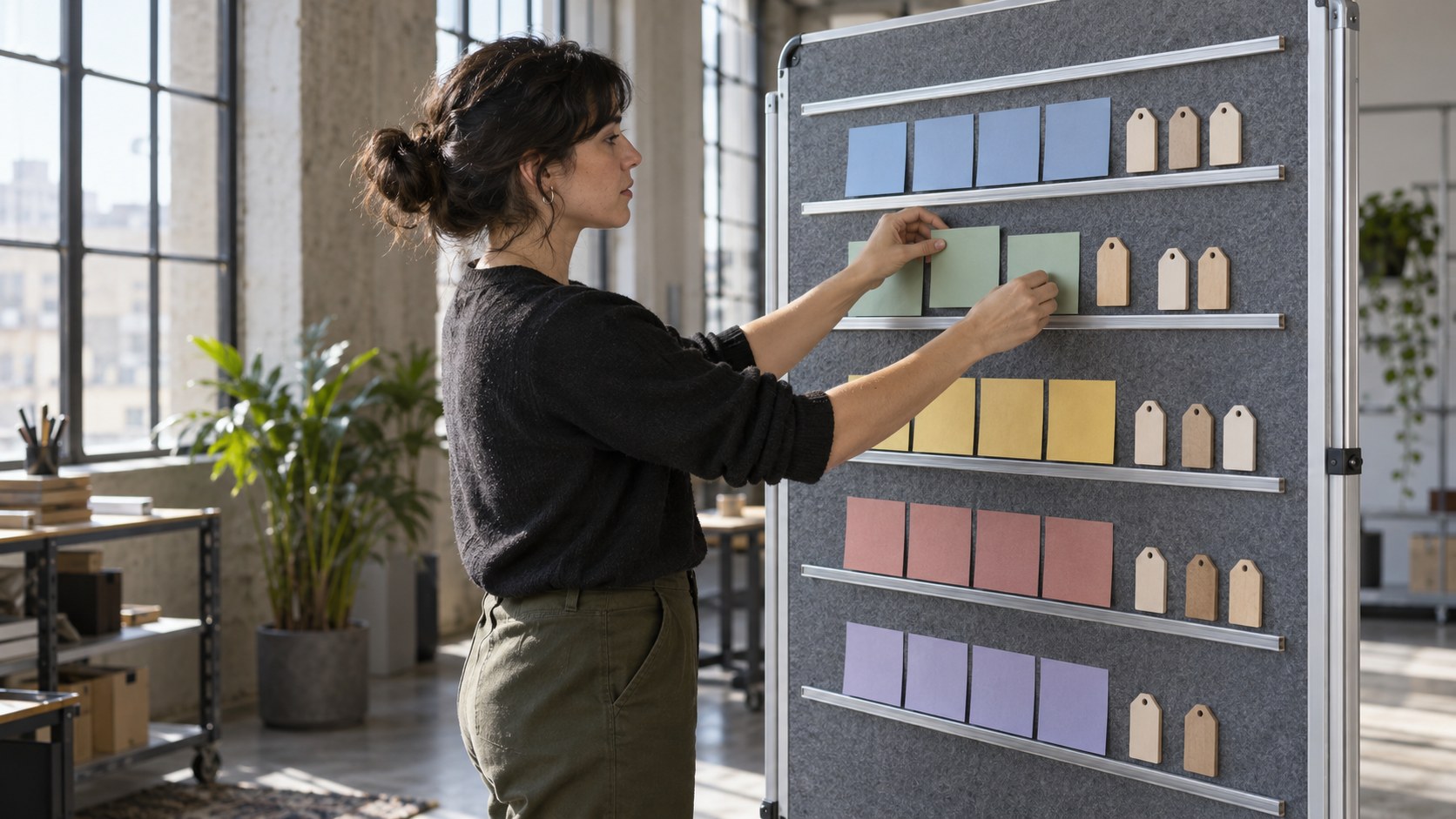 Side-view of an operations specialist arranging blank event cards and wooden wallet-address tokens on a tall.
