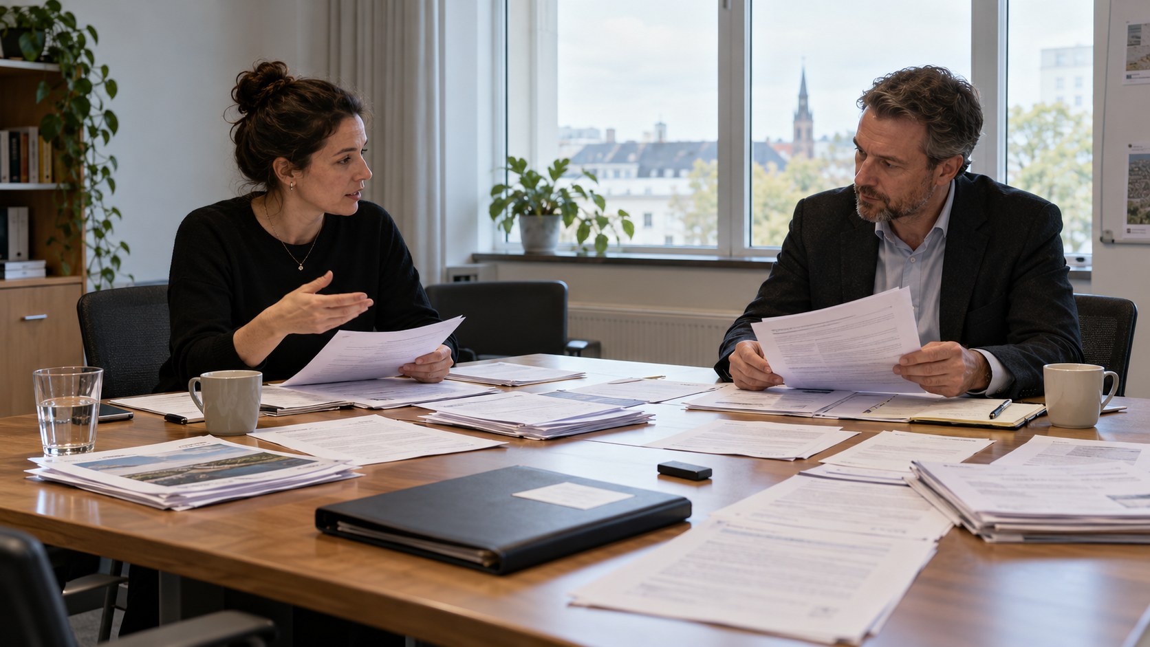 Finance lead and insurance broker discuss printed policy schedules across a long table with a hardware wallet and incident-response folder.