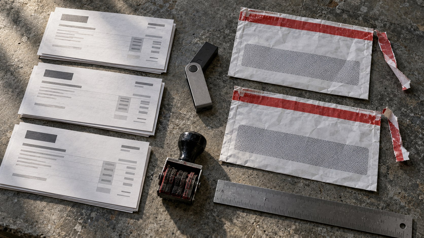 Invoice-state cards, a hardware wallet, evidence envelopes, date stamp, and metal ruler arranged on a worn stone.