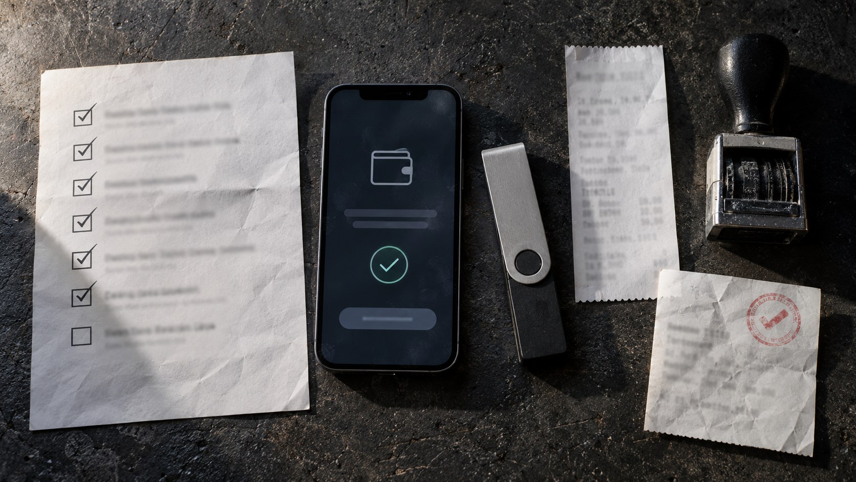 Overhead view of a smartphone, hardware wallet, acceptance checklist, receipts, cancellation slip, and timestamp stamp on a dark workbench.