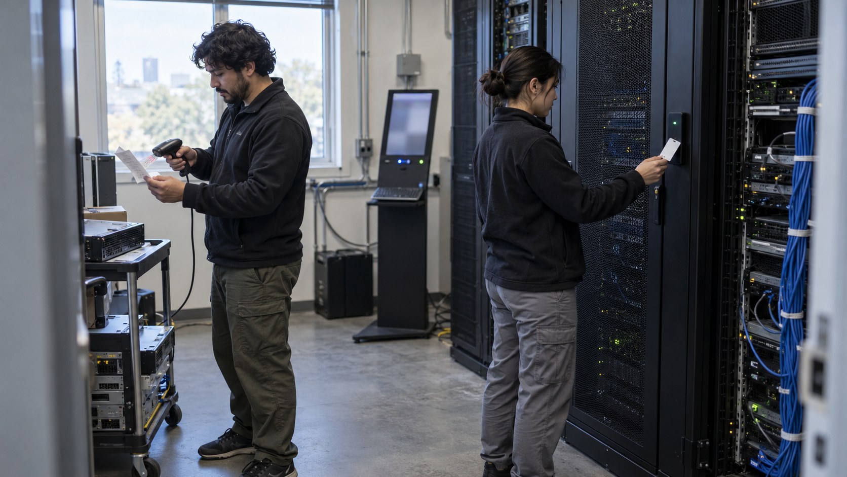 Two technicians scan a transaction receipt and validate rack access inside a compact API service operations facility.