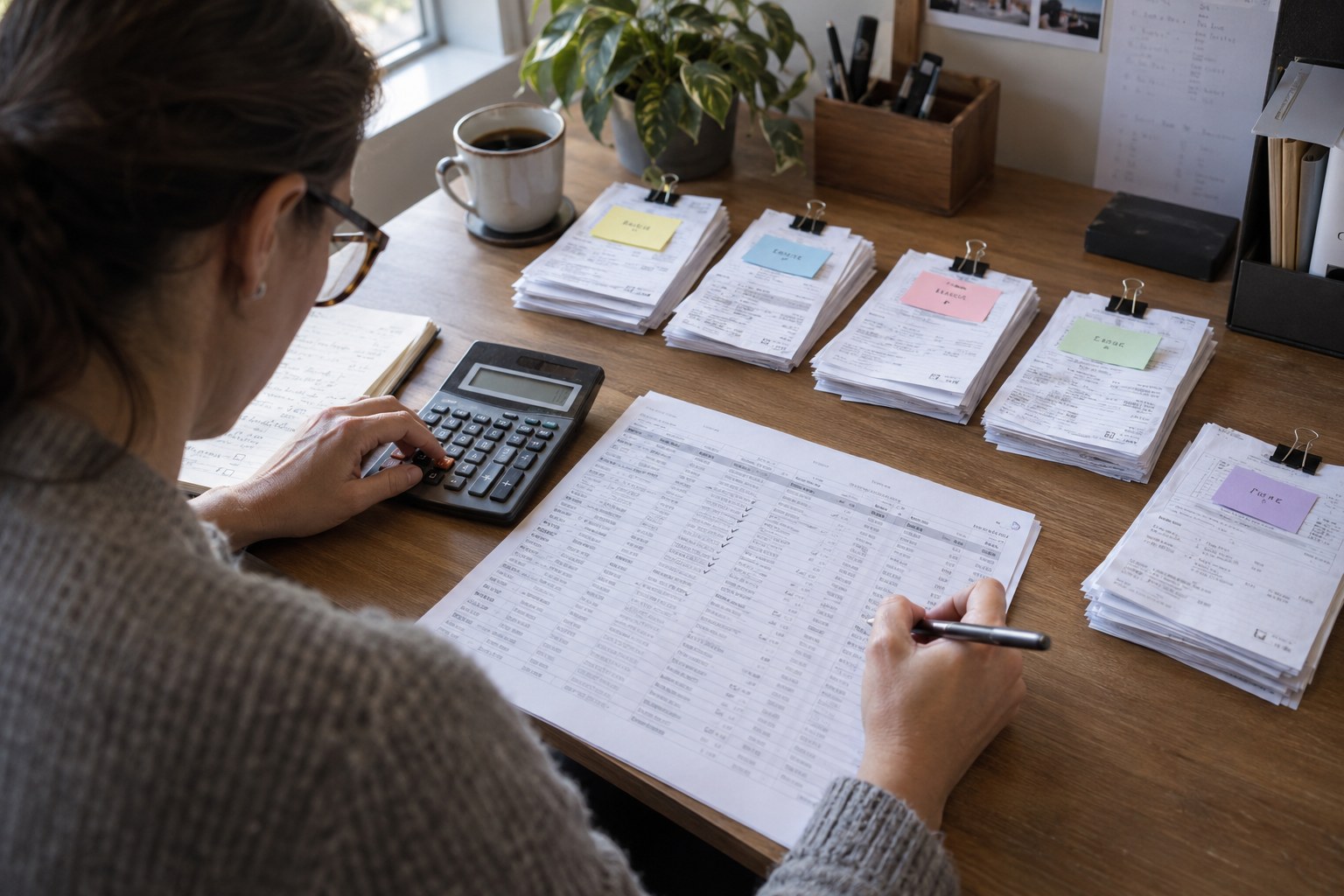 Accountant reconciling USDC receipts, fees, and a refund