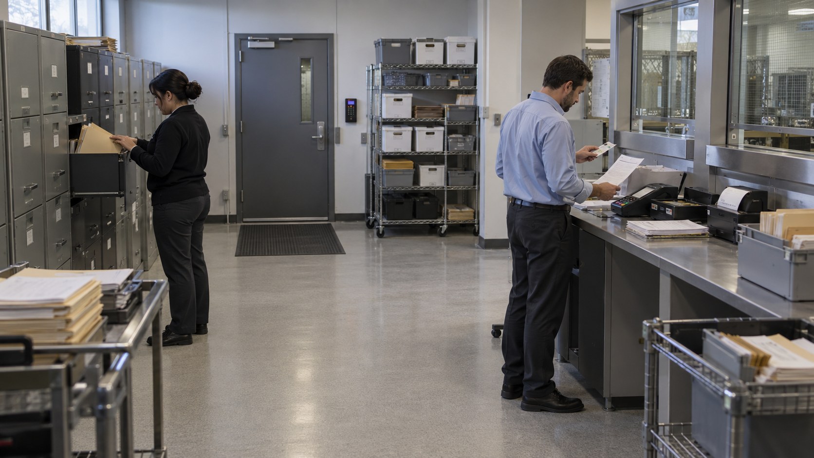 Wide view of a secure treasury operations room where two workers separately handle issuer documents beside filing cabinets and a payment counter.