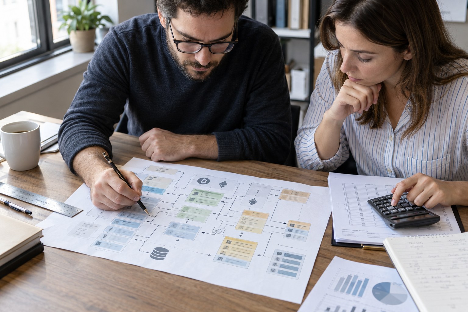Engineer and accountant reviewing a crypto billing field map