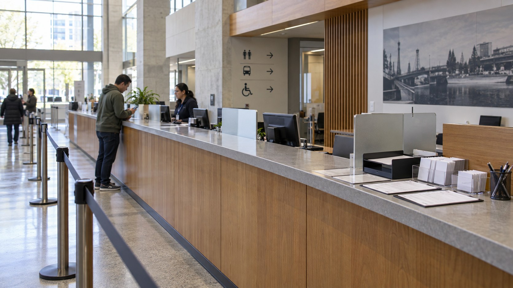 Wide public service counter with a customer using a phone, an assisting staff member, privacy dividers, document trays.