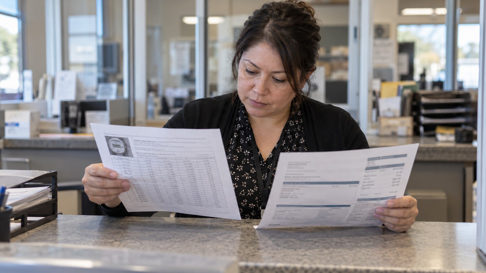 Utility billing specialist compares a printed meter record with a customer statement at a service counter.