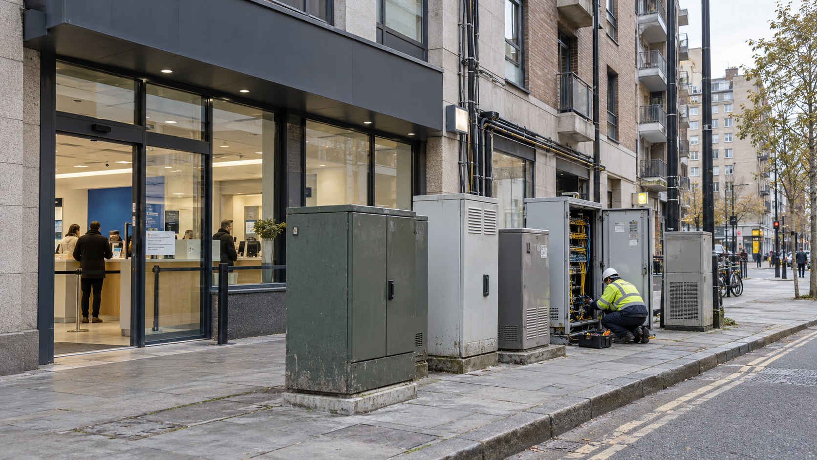 Wide street view of an urban telecom service center, network cabinets, and a field technician working at an open cabinet.