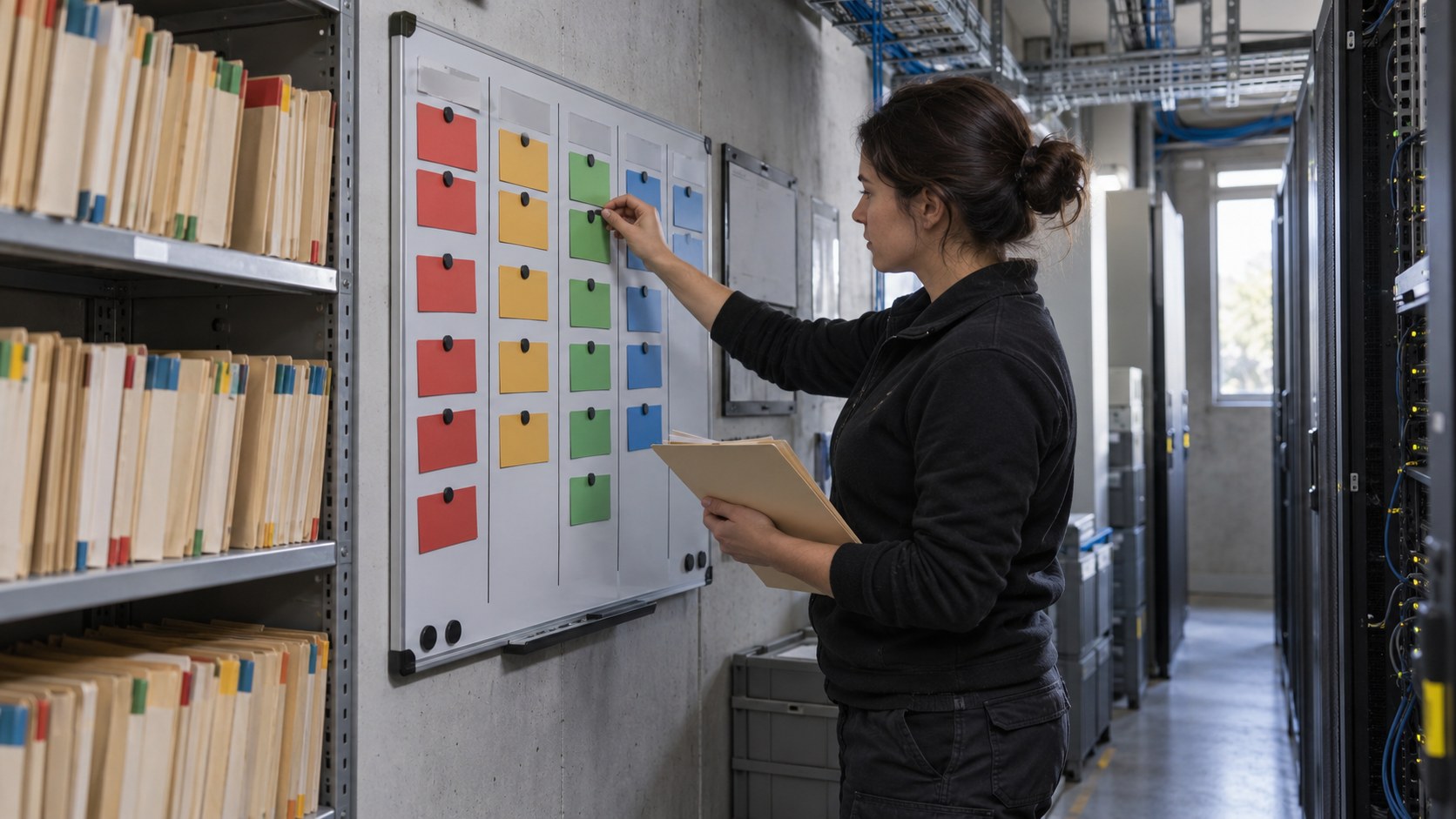 Billing operator arranges color-coded migration cards beside invoice folders and server racks in a naturally lit.